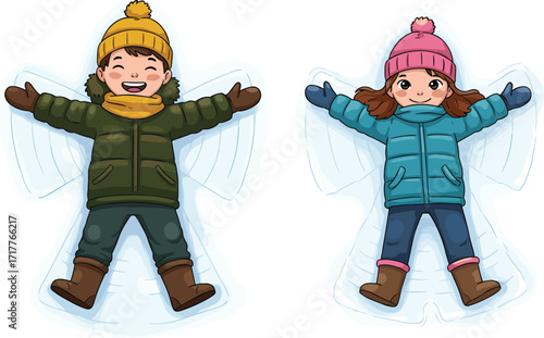 Children making snow angels, winter fun, playful kids in snow, cartoon illustration, outdoor activity, happy childhood, seasonal joy, vector art