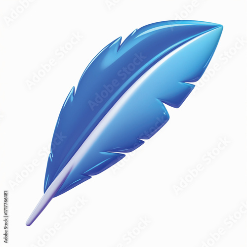 A single, stylized, blue feather with a white quill.