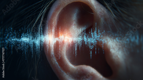 Close-up human ear receiving flowing sound waves, visualized as glowing lines representing hearing, vibration, frequency, acoustic energy, and sensory perception.