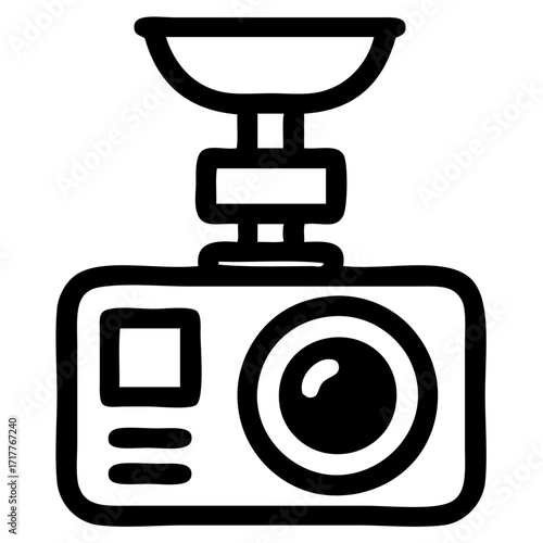 Black outline icon of a car dashboard camera (dashcam) with a lens and suction mount. Suitable for use in automotive apps, car security infographics, product packaging, instruction manuals.