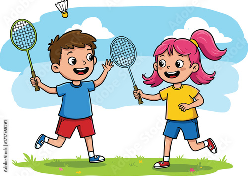 Children, playing, badminton, outdoors, grassy, field, blue, sky, clouds, summer, sport, fun, racket, shuttlecock, exercise, active, cheerful, energetic, teamwork, recreation