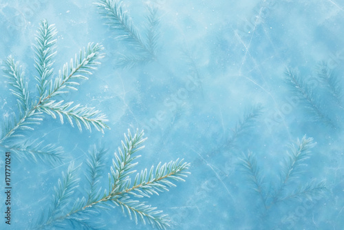 Minimalistic winter background with frosty pine branches frozen in blue ice. Perfect for Christmas and New Year greeting cards, holiday banners, invitations, posters, social media designs, and festive