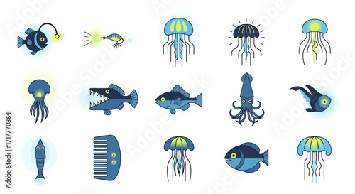 Illustrated set of various marine animals and deep sea life icons.