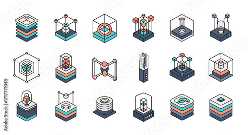 Isometric 3D Printing Technology Icons Set.