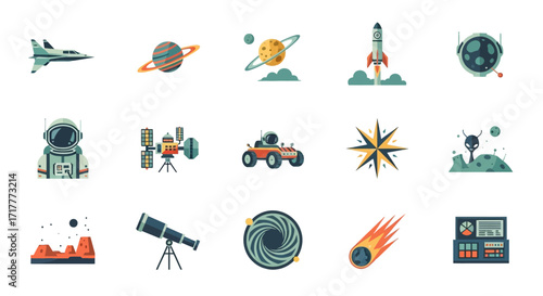 Space Exploration Icons Set Featuring Planets Rockets Astronauts and More.