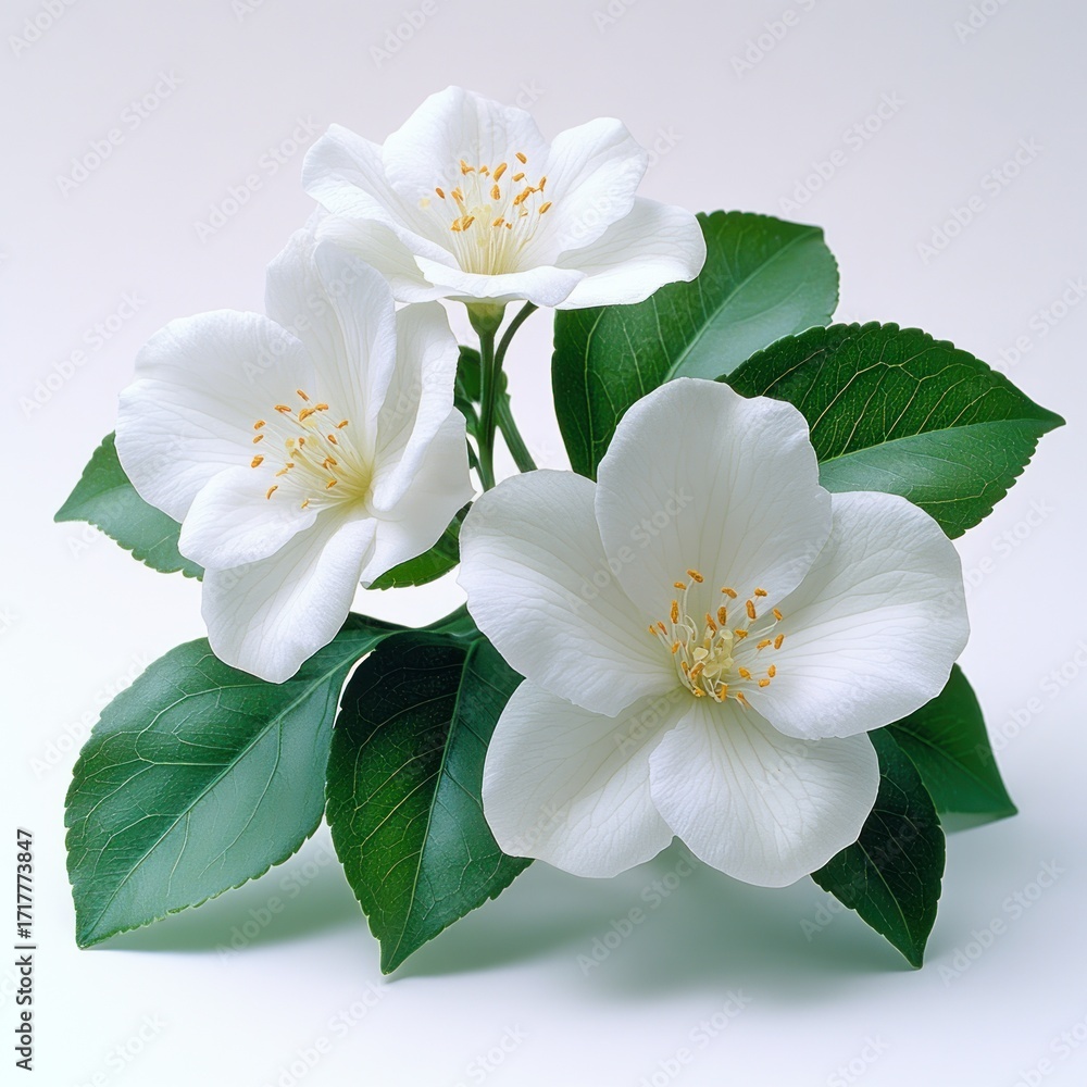 Fototapeta premium Delicate white jasmine blossoms with vibrant green leaves create a serene scene