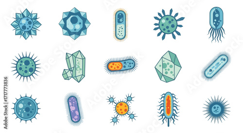 Various illustrations of different types of microorganisms and bacteria.