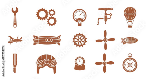 Vintage steampunk collection of mechanical and aviation elements.