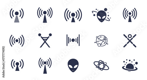Wireless communication and extraterrestrial life vector icons set.