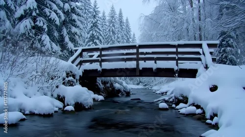 Snowy winter bridge over a flowing stream