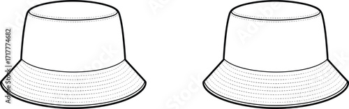 Bucket hat design, fashion illustration, line art drawing, stitched brim detail, headwear comparison, vector outline, apparel sketch, monochrome style, trendy accessory, product