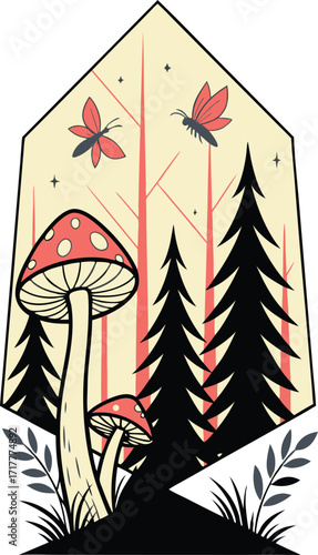 Enchanting forest illustration with vibrant mushrooms and delicate butterflies, perfect for fairytale designs and whimsical projects, originally vector art