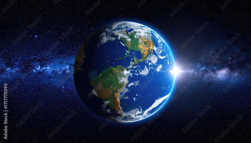 Obraz premium Pixelated Earth Globe with Rising Sun and Galaxy Background