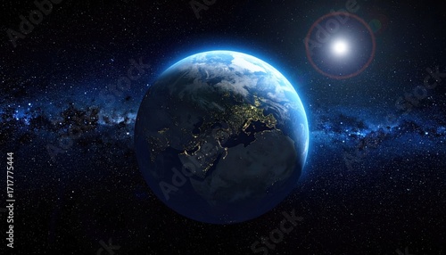 Pixelated Earth in Dark Space with Starry Background and City Lights Shimmering Digital Illustration with Warm Cinematic Lighting