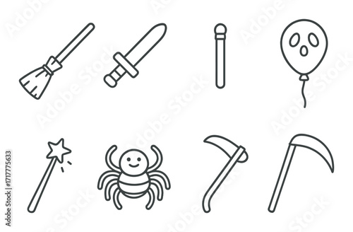 Halloween icons: broom, sword, wand, spider, balloon, scythe on dark background