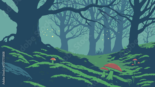 Enchanted forest with glowing fireflies and whimsical mushrooms, a mysterious and magical landscape perfect for fantasy designs, originally a vector graphic