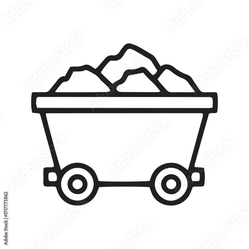 Mine cart with coal line icon, mining trolley vector symbol. Simple outline for industrial resource extraction and energy.
