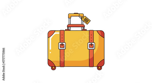Yellow suitcase with orange straps and a luggage tag.