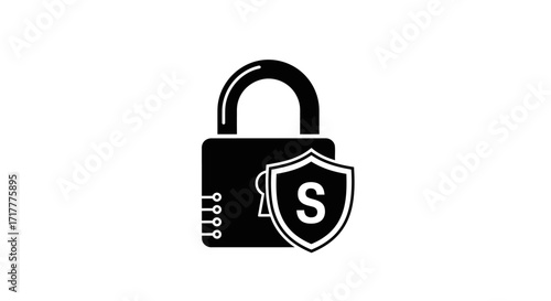 Black and white illustration of a padlock with a shield, symbolizing security and protection.