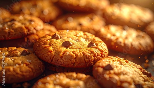 Pile of Golden Brown Chocolate Chip Cookies with Glistening Sugar Crystals in Warm Cinematic Lighting and Selective Focus