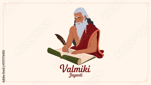 Valmiki Jayanti illustration of sage writing with quill on scroll, celebrating birth anniversary of Ramayana author Maharishi Valmiki