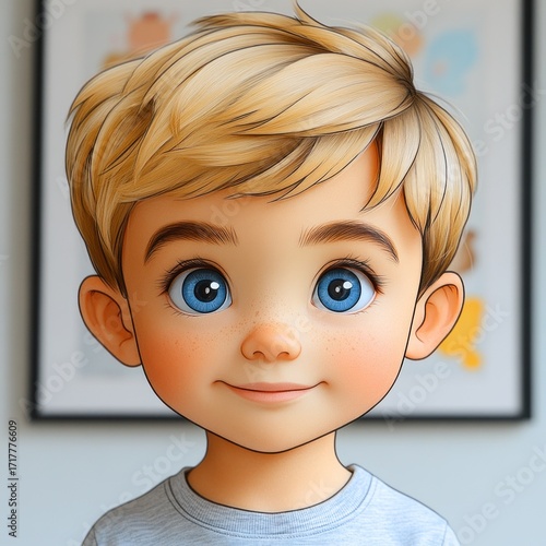 A cheerful young boy with tousled blonde hair beams brightly in a warm, inviting space