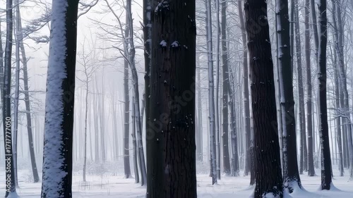 Snowy forest, misty and serene