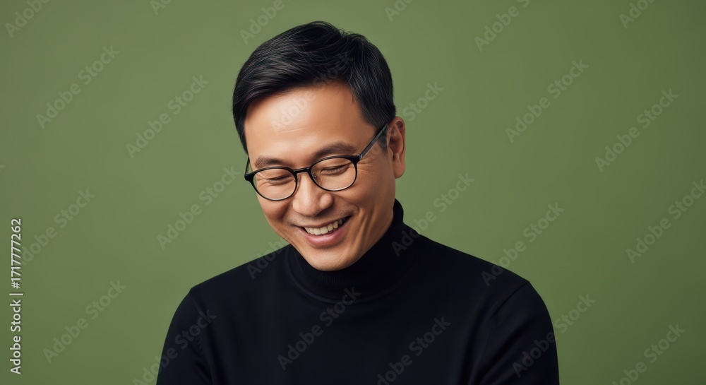 Fototapeta premium Portrait of a smiling Asian man wearing glasses and a black turtleneck against a green background