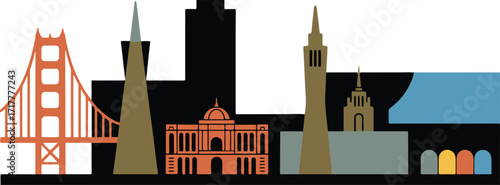 San Francisco Skyline Silhouette Vector Illustration with Golden Gate Bridge and City Landmarks