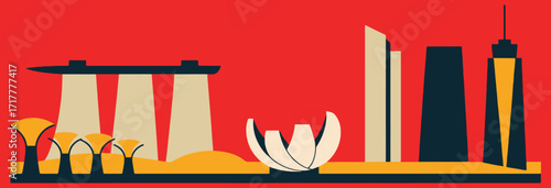 Singapore's Serene Scene A Vector Skyline Showcasing Architectural Marvels Against a Red Backdrop