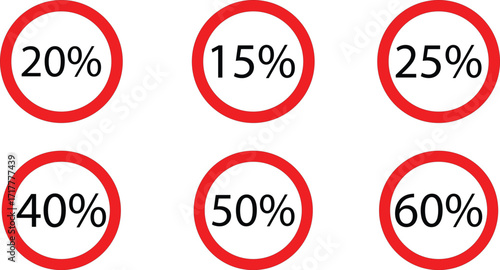 Set of six red percentage icons—20%, 15%, 25%, 40%, 50%, 60%—ideal for discount labels, data visualization, or infographic design