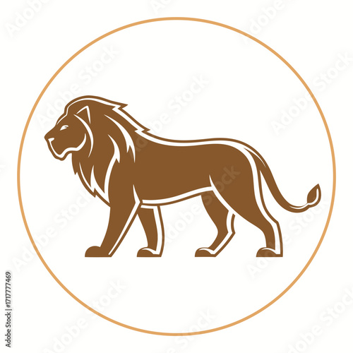 Majestic Lion Illustration within Circle A Symbol of Strength Leadership and Nobility Rendered with Warm Brown Tones and Clean Lines