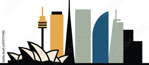 Sydney Australia Skyline Silhouette with Opera House and Iconic Buildings Vector Illustration