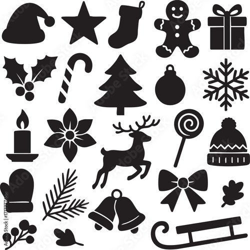 Collection of black silhouette Christmas-themed icons for festive decoration and design projects