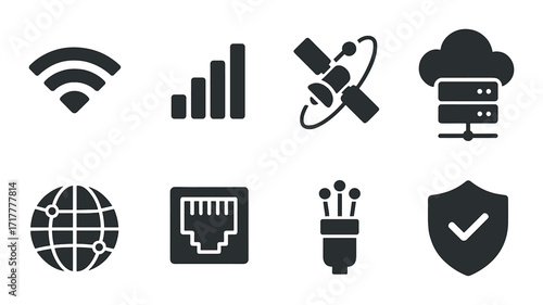 Technology icons: wifi, signal strength, satellite, cloud server, globe, network port, fiber optic, shield