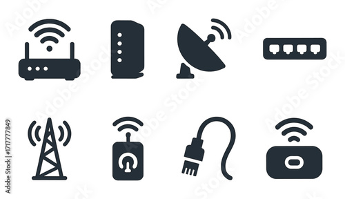 Silhouette icons of networking devices: router, modem, antenna, and ethernet switch