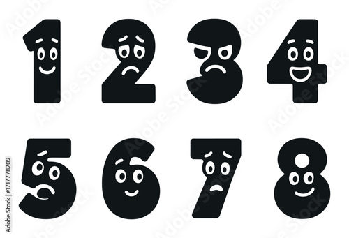 Playful and emotional cartoon numbers with faces on black background