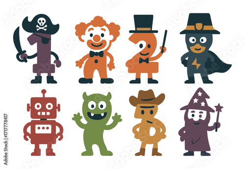Colorful cartoon numbers dressed as characters: pirate, clown, magician, superhero, robot, monster, cowboy, wizard