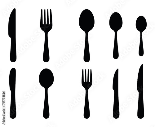 Silhouettes of utensils on dark background: knives, forks, and spoons