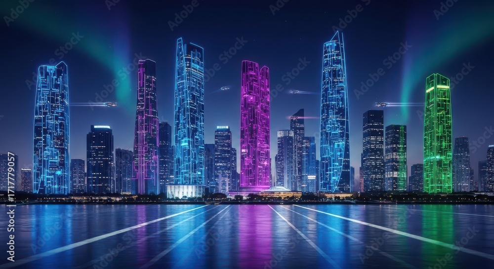 Fototapeta premium Futuristic Neon Cityscape with Glowing Skyscrapers Reflecting in Water