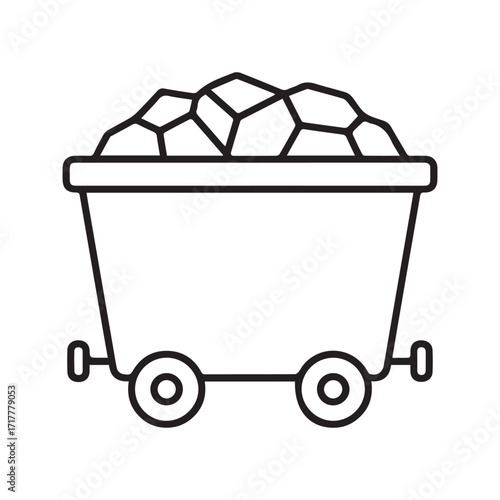 Mine cart with coal line icon, mining trolley vector symbol. Simple outline for industrial resource extraction and energy.
