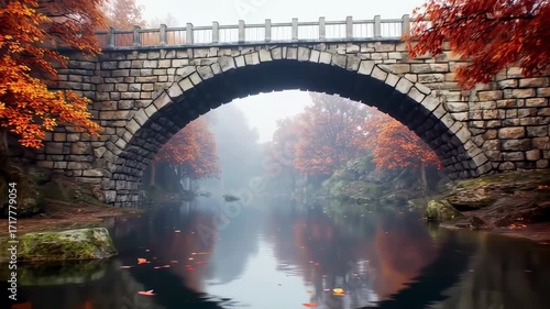 Autumnal stone arch bridge over a misty stream