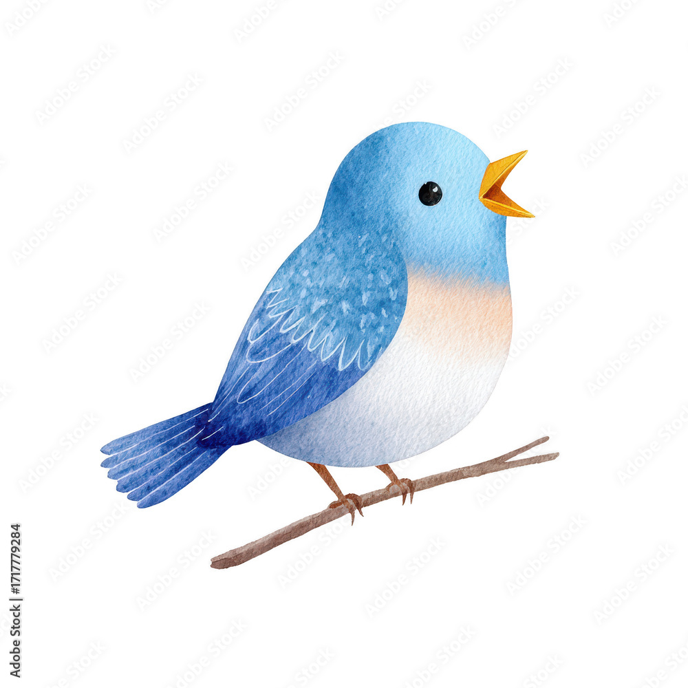 Obraz premium Watercolor blue bird perched on branch with open beak and soft gradient feathers, delicate texture and gentle expression create peaceful and charming illustration