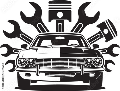 Retro Car Repair Service Logo with Pistons and Wrenches Vector