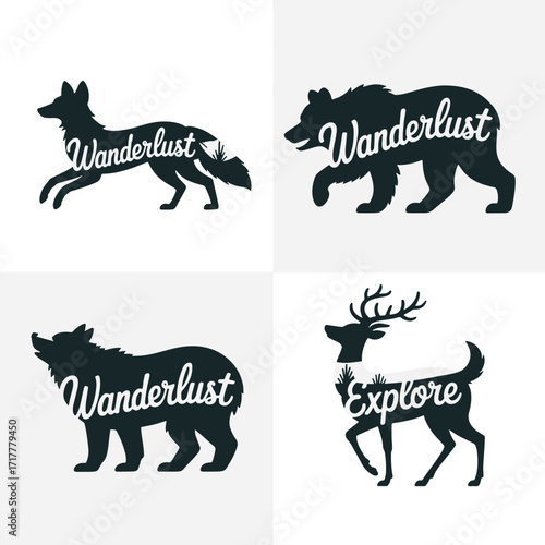 Four dark silhouette illustrations of wild animals with text for travel and exploration Keywords: fox, bear, wolf, deer, silhouette, wanderlust