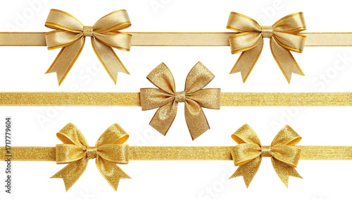 Golden ribbon bow isolated on white isolated on transparent background