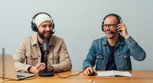 Two men recording a podcast interview with microphones and headphones