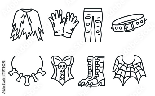 Gothic halloween costume elements with accessories and clothing icons