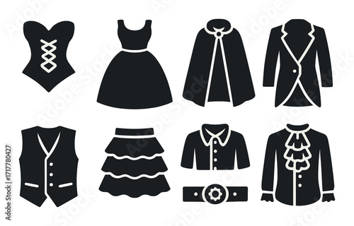 Vintage fashion silhouettes: corset, dress, skirt, vest, cloak, jacket, belt, blouse