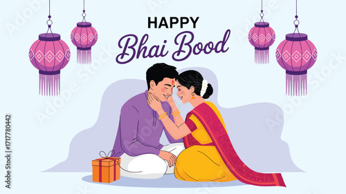 Happy Bhai Dooj illustration showing sister lovingly touching brother’s face, with gift box and lanterns celebrating sibling bond in India